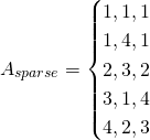 A_{sparse} =  \begin{cases}  1, 1, 1  \\  1, 4, 1  \\  2, 3, 2  \\  3, 1, 4  \\  4, 2, 3 \end{cases}\\